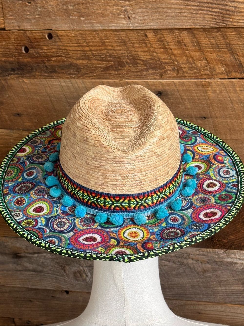Monarcas Artesanias Sombrero Gabby Straw Sun Hat Pom Pom Mandala Boho Women OSFA